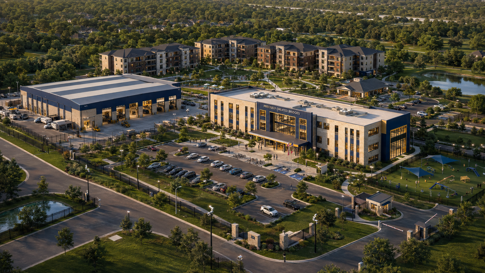 PCB Campus & Residential Village — aerial rendering of the planned BRIDGE Career & Technical Academy campus with housing