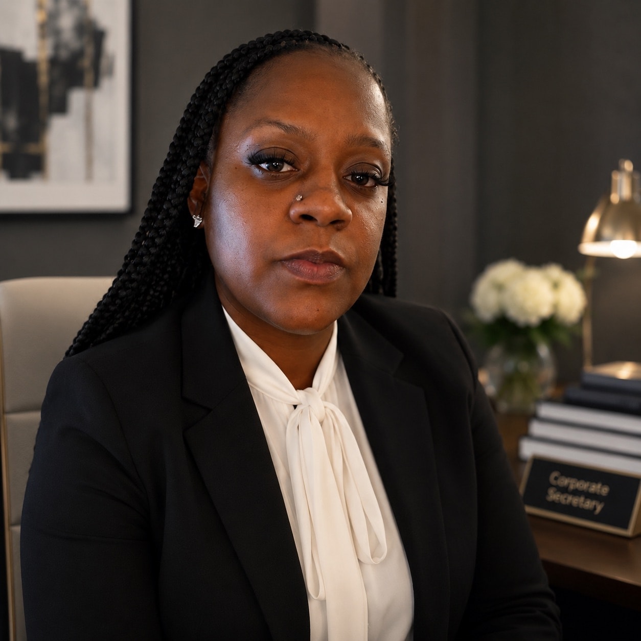 A professional woman in a corporate office setting